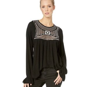 Free People Black Blouse with White Embroidery